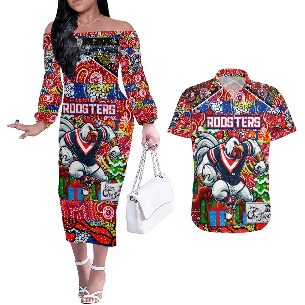 Custom Roosters Rugby Merry Christmas Couples Matching Off The Shoulder Long Sleeve Dress and Hawaiian Shirt Indigenous Australian Art