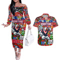 Custom Roosters Rugby Merry Christmas Couples Matching Off The Shoulder Long Sleeve Dress and Hawaiian Shirt Indigenous Australian Art
