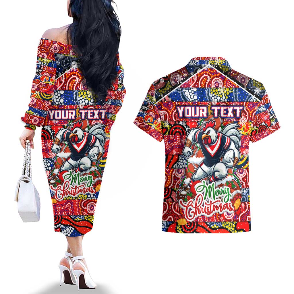 Custom Roosters Rugby Merry Christmas Couples Matching Off The Shoulder Long Sleeve Dress and Hawaiian Shirt Indigenous Australian Art