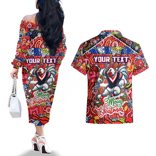 Custom Roosters Rugby Merry Christmas Couples Matching Off The Shoulder Long Sleeve Dress and Hawaiian Shirt Indigenous Australian Art
