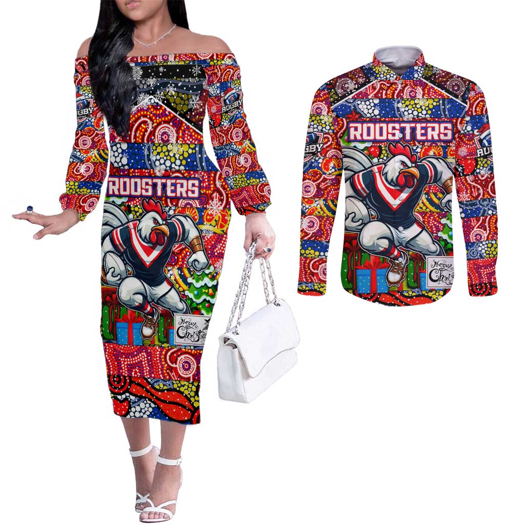 Custom Roosters Rugby Merry Christmas Couples Matching Off The Shoulder Long Sleeve Dress and Long Sleeve Button Shirt Indigenous Australian Art