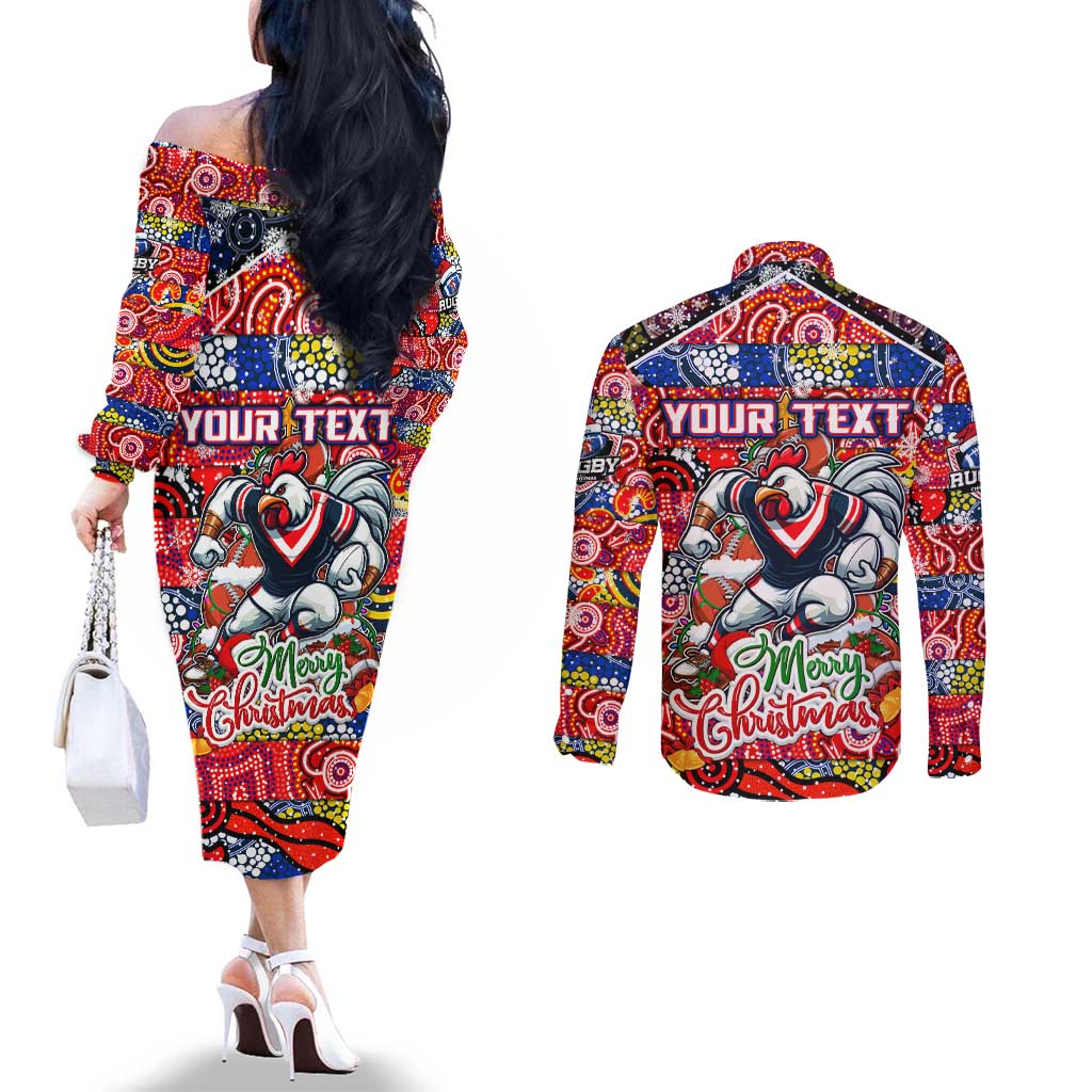 Custom Roosters Rugby Merry Christmas Couples Matching Off The Shoulder Long Sleeve Dress and Long Sleeve Button Shirt Indigenous Australian Art