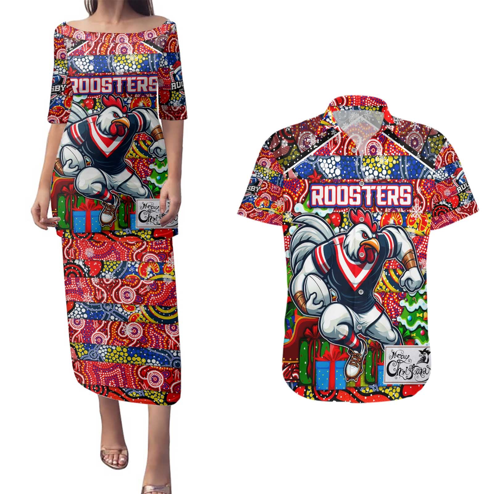 Custom Roosters Rugby Merry Christmas Couples Matching Puletasi and Hawaiian Shirt Indigenous Australian Art