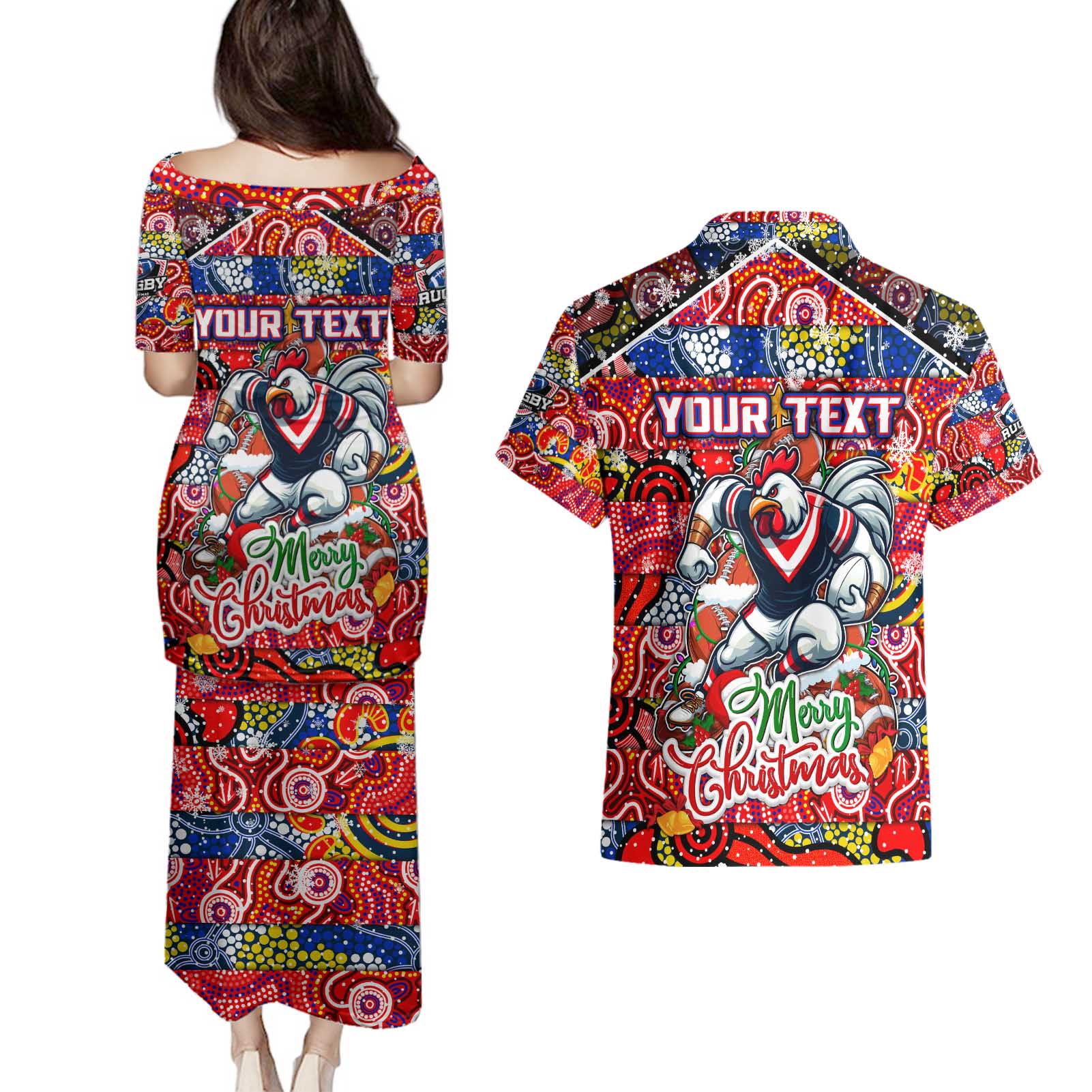 Custom Roosters Rugby Merry Christmas Couples Matching Puletasi and Hawaiian Shirt Indigenous Australian Art