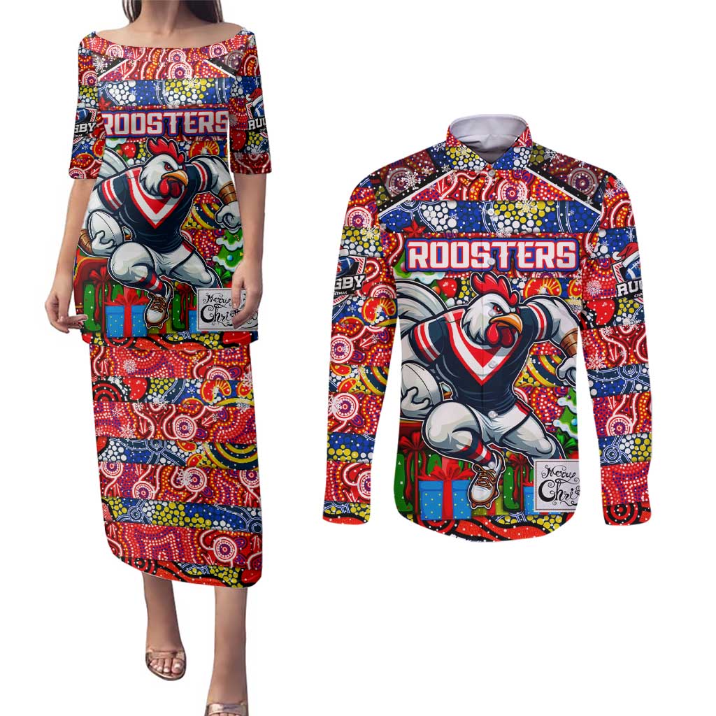 Custom Roosters Rugby Merry Christmas Couples Matching Puletasi and Long Sleeve Button Shirt Indigenous Australian Art
