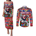 Custom Roosters Rugby Merry Christmas Couples Matching Puletasi and Long Sleeve Button Shirt Indigenous Australian Art