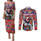 Custom Roosters Rugby Merry Christmas Couples Matching Puletasi and Long Sleeve Button Shirt Indigenous Australian Art