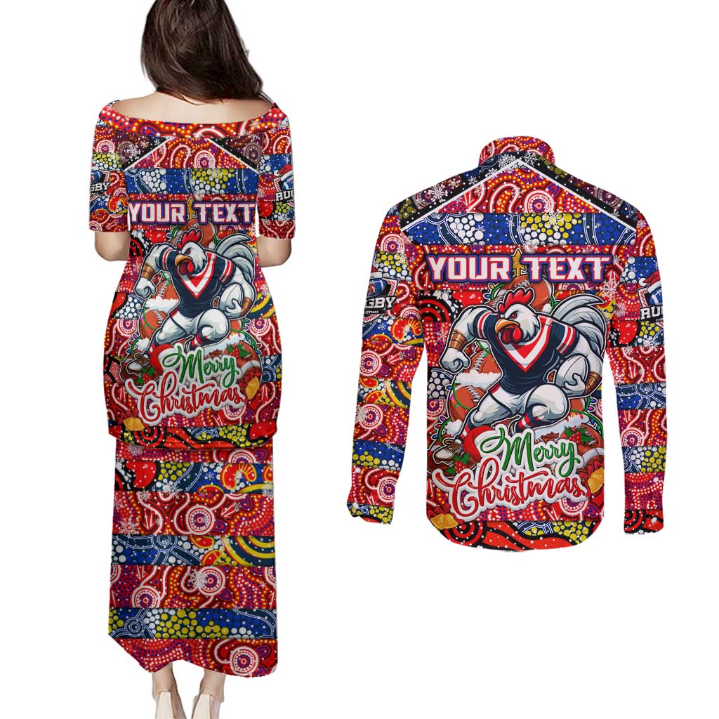 Custom Roosters Rugby Merry Christmas Couples Matching Puletasi and Long Sleeve Button Shirt Indigenous Australian Art