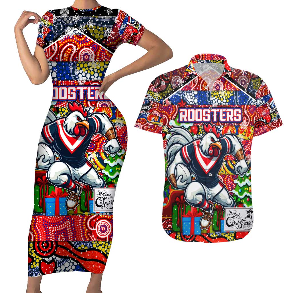 Custom Roosters Rugby Merry Christmas Couples Matching Short Sleeve Bodycon Dress and Hawaiian Shirt Indigenous Australian Art