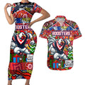 Custom Roosters Rugby Merry Christmas Couples Matching Short Sleeve Bodycon Dress and Hawaiian Shirt Indigenous Australian Art