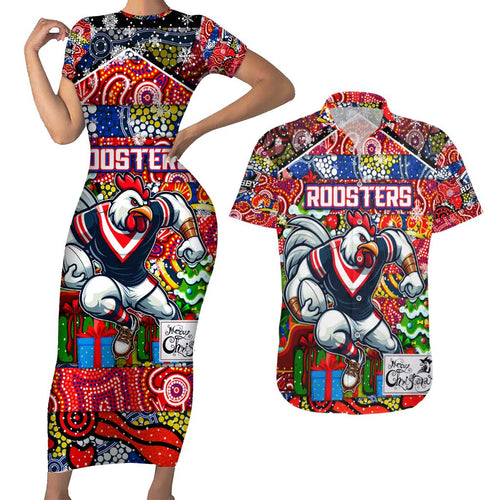 Custom Roosters Rugby Merry Christmas Couples Matching Short Sleeve Bodycon Dress and Hawaiian Shirt Indigenous Australian Art