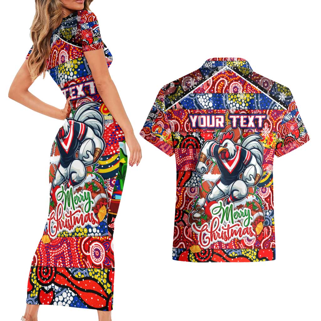 Custom Roosters Rugby Merry Christmas Couples Matching Short Sleeve Bodycon Dress and Hawaiian Shirt Indigenous Australian Art