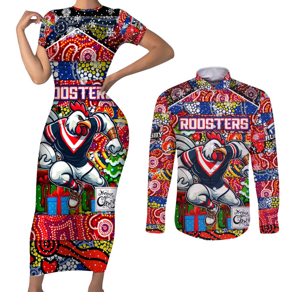 Custom Roosters Rugby Merry Christmas Couples Matching Short Sleeve Bodycon Dress and Long Sleeve Button Shirt Indigenous Australian Art