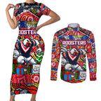 Custom Roosters Rugby Merry Christmas Couples Matching Short Sleeve Bodycon Dress and Long Sleeve Button Shirt Indigenous Australian Art