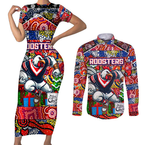 Custom Roosters Rugby Merry Christmas Couples Matching Short Sleeve Bodycon Dress and Long Sleeve Button Shirt Indigenous Australian Art