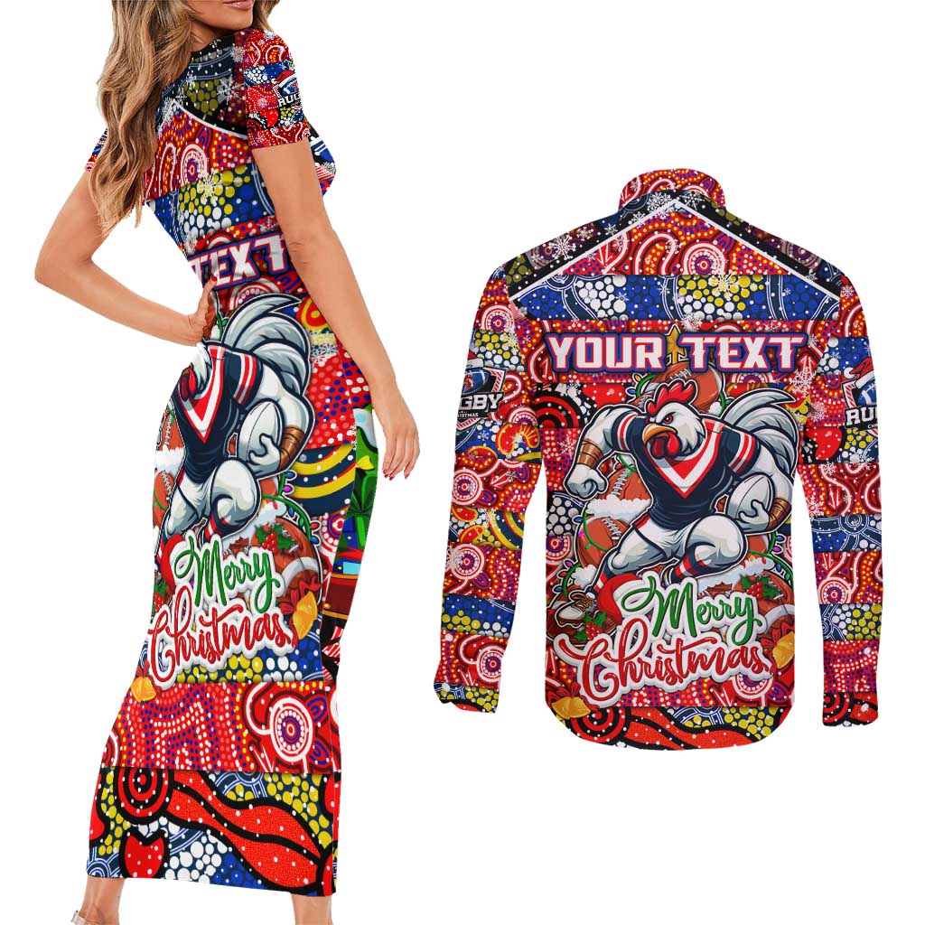 Custom Roosters Rugby Merry Christmas Couples Matching Short Sleeve Bodycon Dress and Long Sleeve Button Shirt Indigenous Australian Art