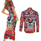 Custom Roosters Rugby Merry Christmas Couples Matching Short Sleeve Bodycon Dress and Long Sleeve Button Shirt Indigenous Australian Art