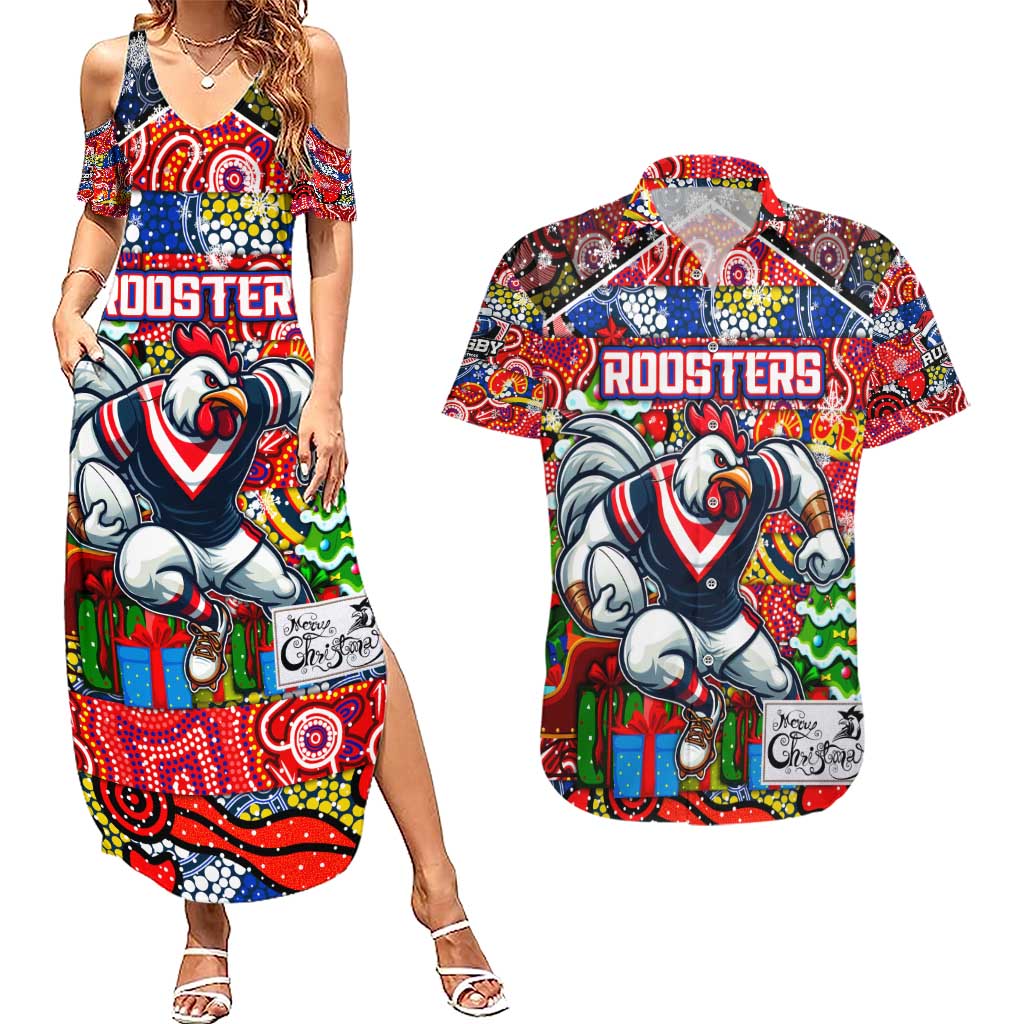 Custom Roosters Rugby Merry Christmas Couples Matching Summer Maxi Dress and Hawaiian Shirt Indigenous Australian Art