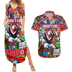 Custom Roosters Rugby Merry Christmas Couples Matching Summer Maxi Dress and Hawaiian Shirt Indigenous Australian Art