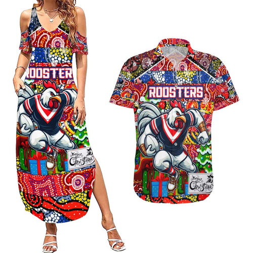 Custom Roosters Rugby Merry Christmas Couples Matching Summer Maxi Dress and Hawaiian Shirt Indigenous Australian Art