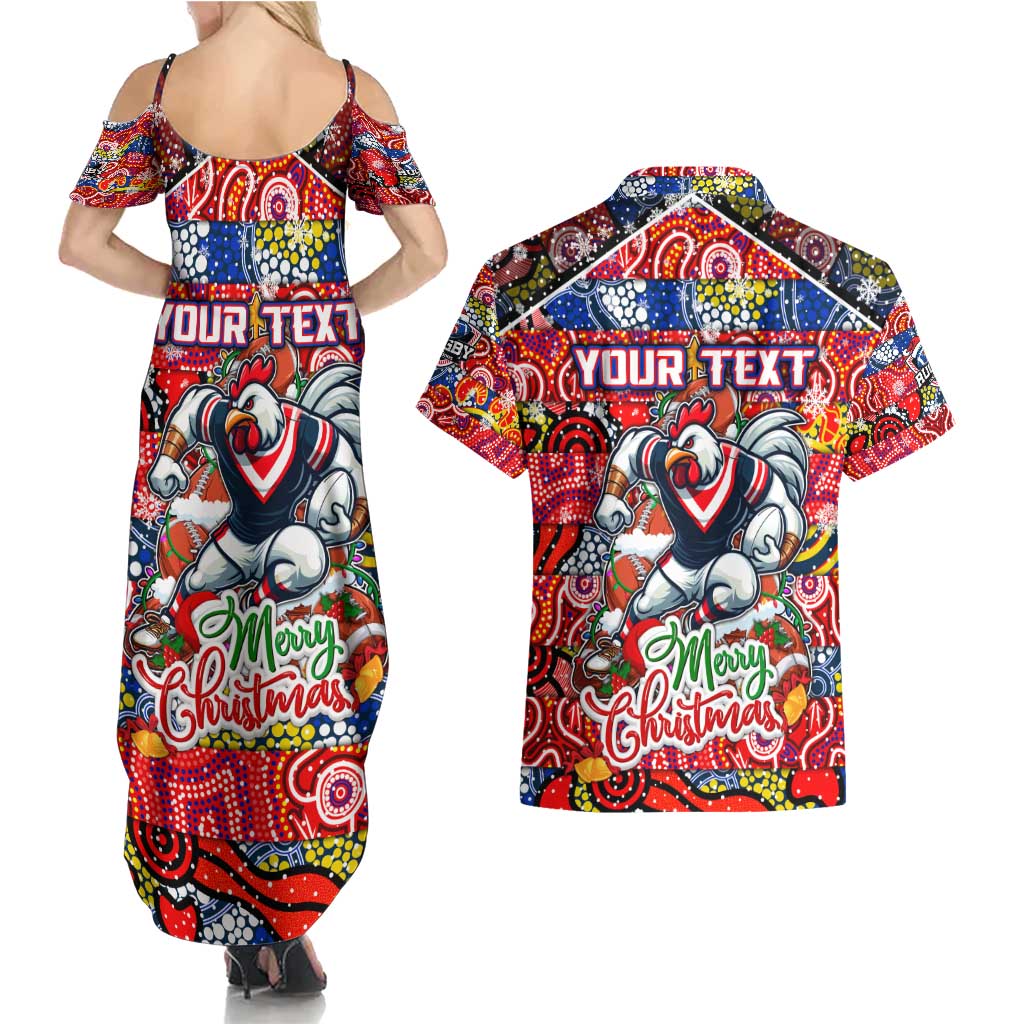 Custom Roosters Rugby Merry Christmas Couples Matching Summer Maxi Dress and Hawaiian Shirt Indigenous Australian Art
