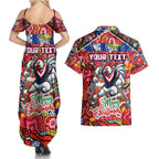 Custom Roosters Rugby Merry Christmas Couples Matching Summer Maxi Dress and Hawaiian Shirt Indigenous Australian Art