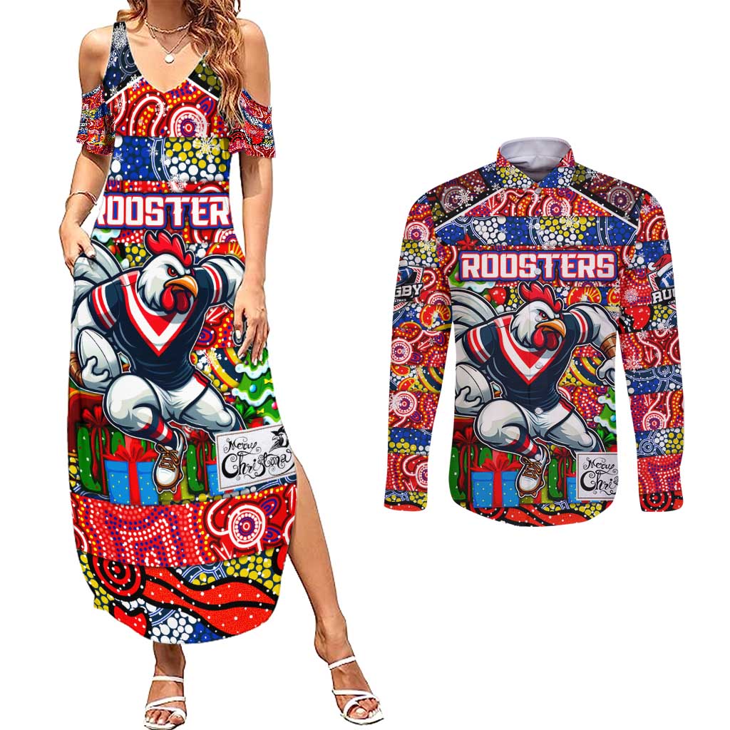 Custom Roosters Rugby Merry Christmas Couples Matching Summer Maxi Dress and Long Sleeve Button Shirt Indigenous Australian Art