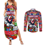 Custom Roosters Rugby Merry Christmas Couples Matching Summer Maxi Dress and Long Sleeve Button Shirt Indigenous Australian Art