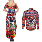 Custom Roosters Rugby Merry Christmas Couples Matching Summer Maxi Dress and Long Sleeve Button Shirt Indigenous Australian Art