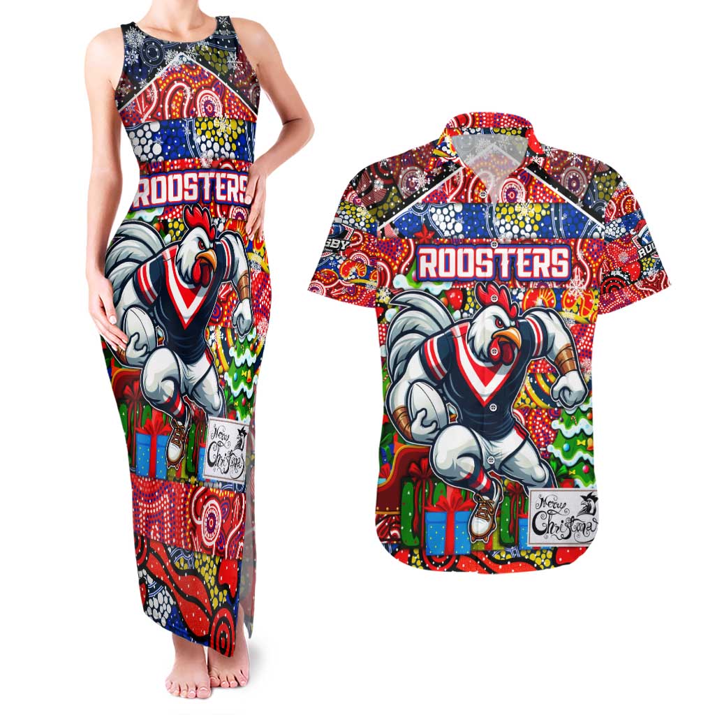 Custom Roosters Rugby Merry Christmas Couples Matching Tank Maxi Dress and Hawaiian Shirt Indigenous Australian Art