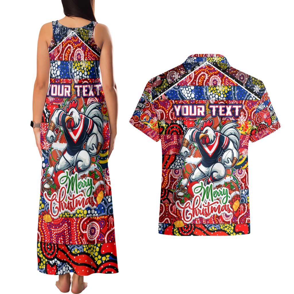 Custom Roosters Rugby Merry Christmas Couples Matching Tank Maxi Dress and Hawaiian Shirt Indigenous Australian Art