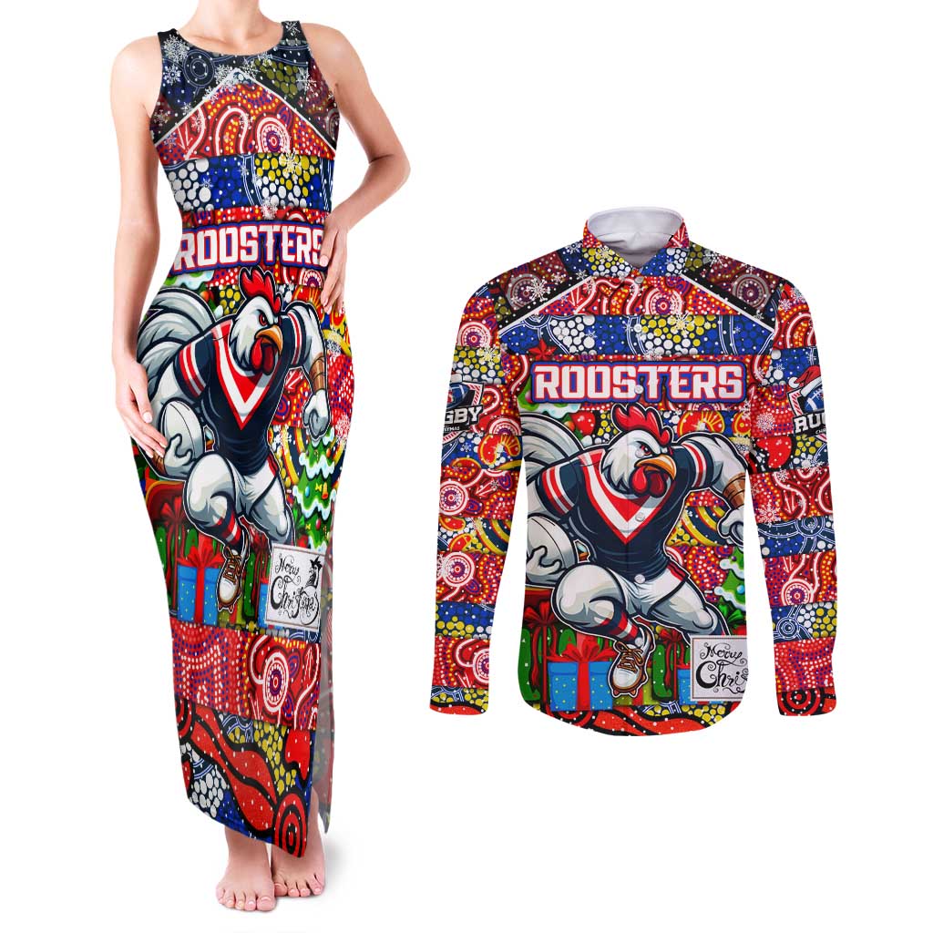 Custom Roosters Rugby Merry Christmas Couples Matching Tank Maxi Dress and Long Sleeve Button Shirt Indigenous Australian Art