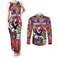 Custom Roosters Rugby Merry Christmas Couples Matching Tank Maxi Dress and Long Sleeve Button Shirt Indigenous Australian Art