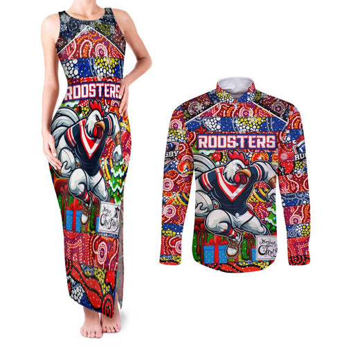 Custom Roosters Rugby Merry Christmas Couples Matching Tank Maxi Dress and Long Sleeve Button Shirt Indigenous Australian Art