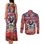 Custom Roosters Rugby Merry Christmas Couples Matching Tank Maxi Dress and Long Sleeve Button Shirt Indigenous Australian Art