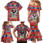 Custom Roosters Rugby Merry Christmas Family Matching Mermaid Dress and Hawaiian Shirt Indigenous Australian Art