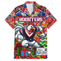 Custom Roosters Rugby Merry Christmas Family Matching Off The Shoulder Long Sleeve Dress and Hawaiian Shirt Indigenous Australian Art