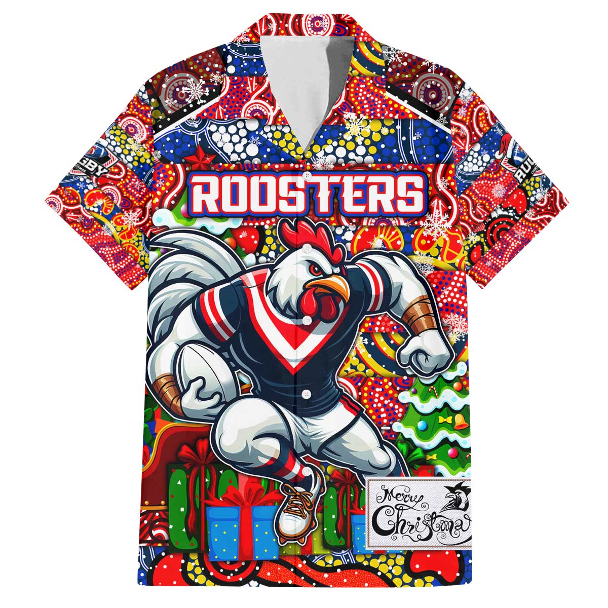 Custom Roosters Rugby Merry Christmas Family Matching Off The Shoulder Long Sleeve Dress and Hawaiian Shirt Indigenous Australian Art
