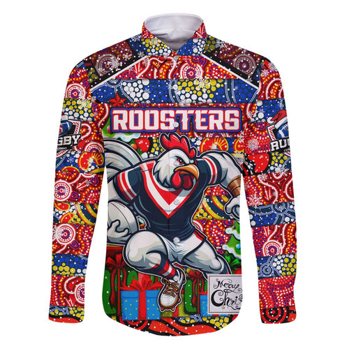 Custom Roosters Rugby Merry Christmas Family Matching Off The Shoulder Long Sleeve Dress and Hawaiian Shirt Indigenous Australian Art