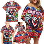 Custom Roosters Rugby Merry Christmas Family Matching Off Shoulder Short Dress and Hawaiian Shirt Indigenous Australian Art