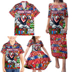 Custom Roosters Rugby Merry Christmas Family Matching Puletasi and Hawaiian Shirt Indigenous Australian Art