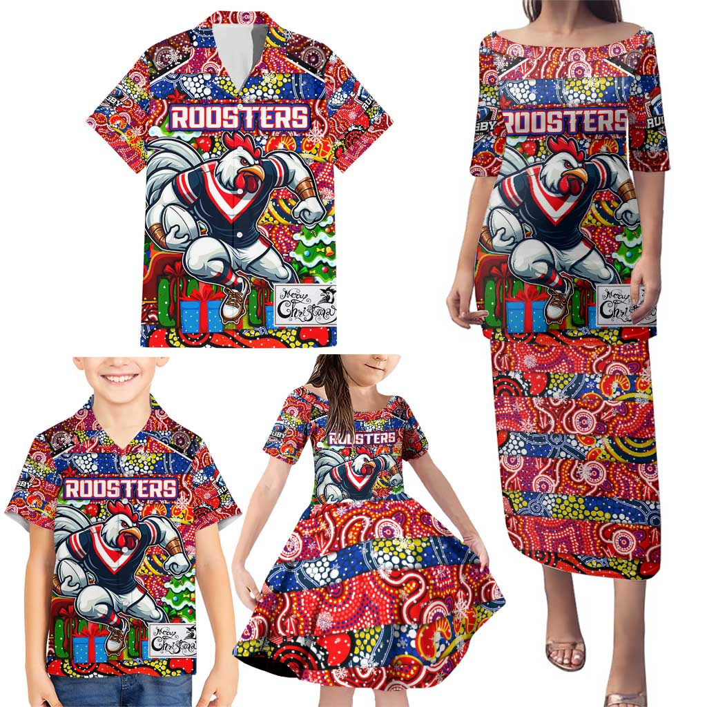Custom Roosters Rugby Merry Christmas Family Matching Puletasi and Hawaiian Shirt Indigenous Australian Art