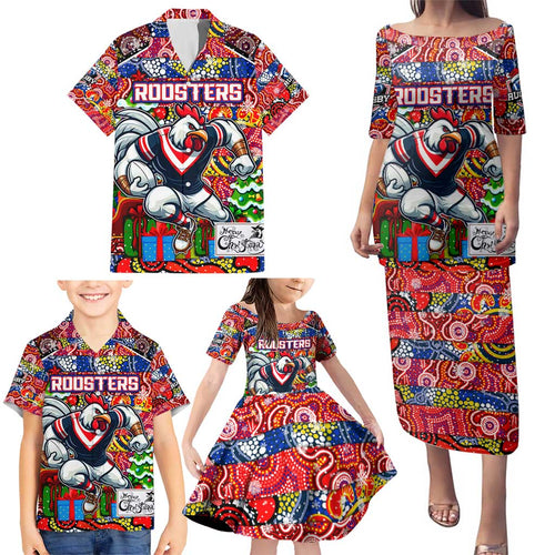 Custom Roosters Rugby Merry Christmas Family Matching Puletasi and Hawaiian Shirt Indigenous Australian Art