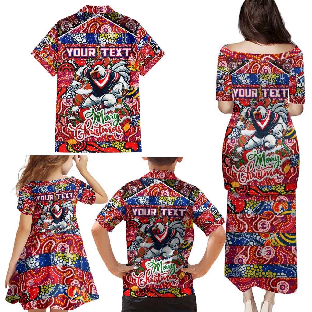 Custom Roosters Rugby Merry Christmas Family Matching Puletasi and Hawaiian Shirt Indigenous Australian Art