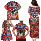 Custom Roosters Rugby Merry Christmas Family Matching Puletasi and Hawaiian Shirt Indigenous Australian Art