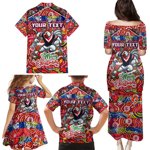 Custom Roosters Rugby Merry Christmas Family Matching Puletasi and Hawaiian Shirt Indigenous Australian Art