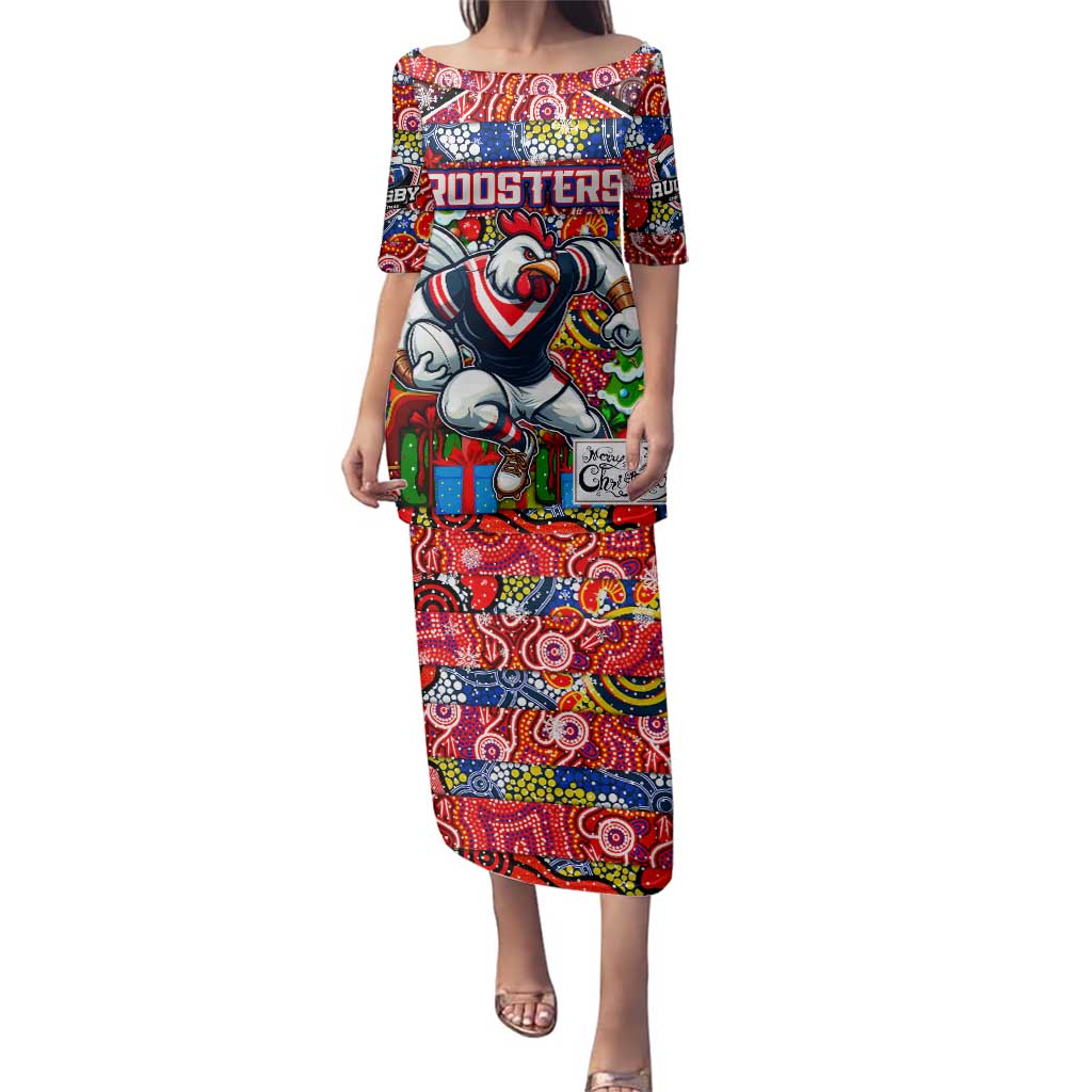 Custom Roosters Rugby Merry Christmas Family Matching Puletasi and Hawaiian Shirt Indigenous Australian Art