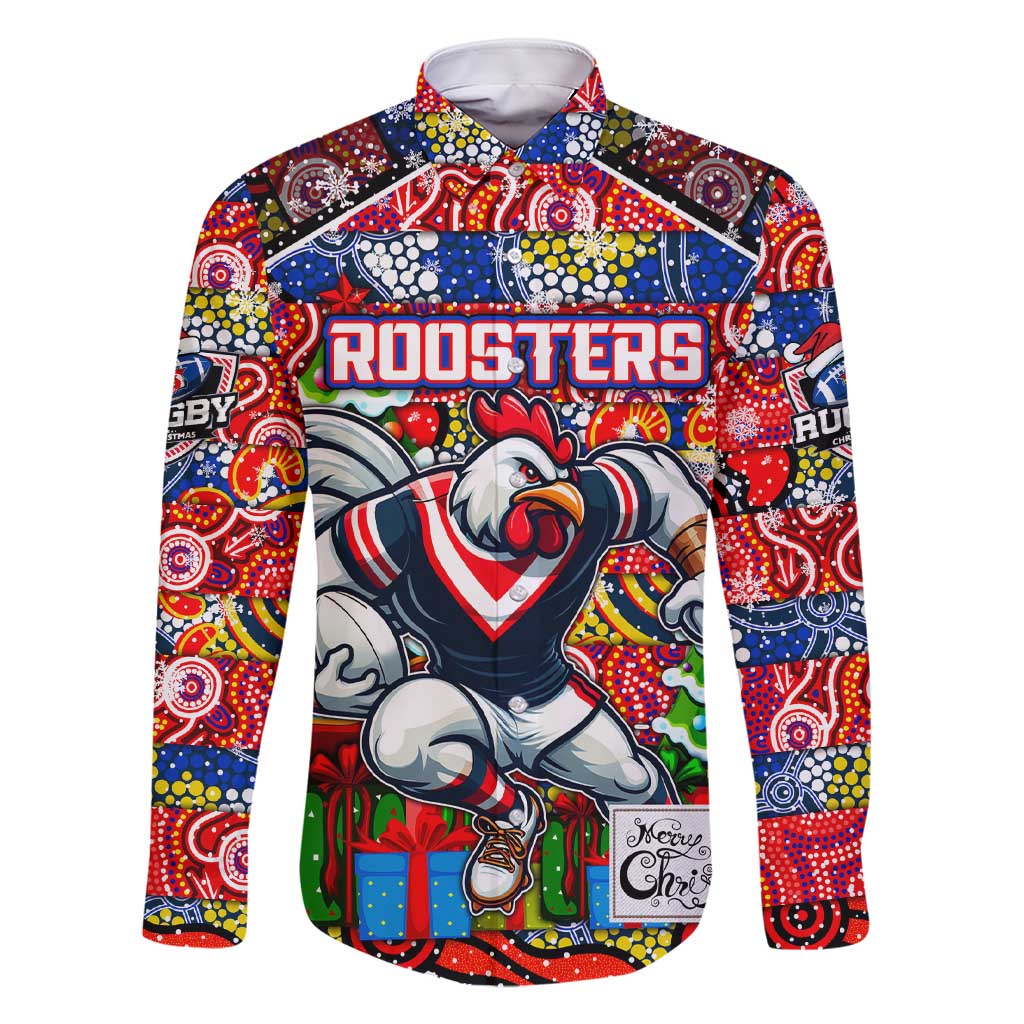Custom Roosters Rugby Merry Christmas Family Matching Short Sleeve Bodycon Dress and Hawaiian Shirt Indigenous Australian Art