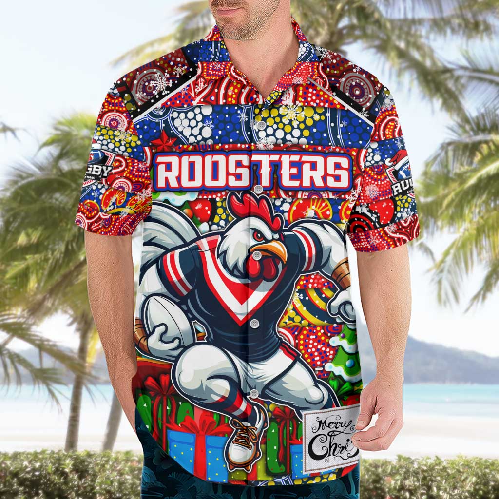 Custom Roosters Rugby Merry Christmas Hawaiian Shirt Indigenous Australian Art