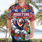 Custom Roosters Rugby Merry Christmas Hawaiian Shirt Indigenous Australian Art